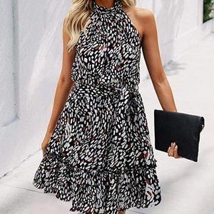 Small Halter Neck Dress Sleeveless Casual Ruffle Floral Polka Dot Leopard Print